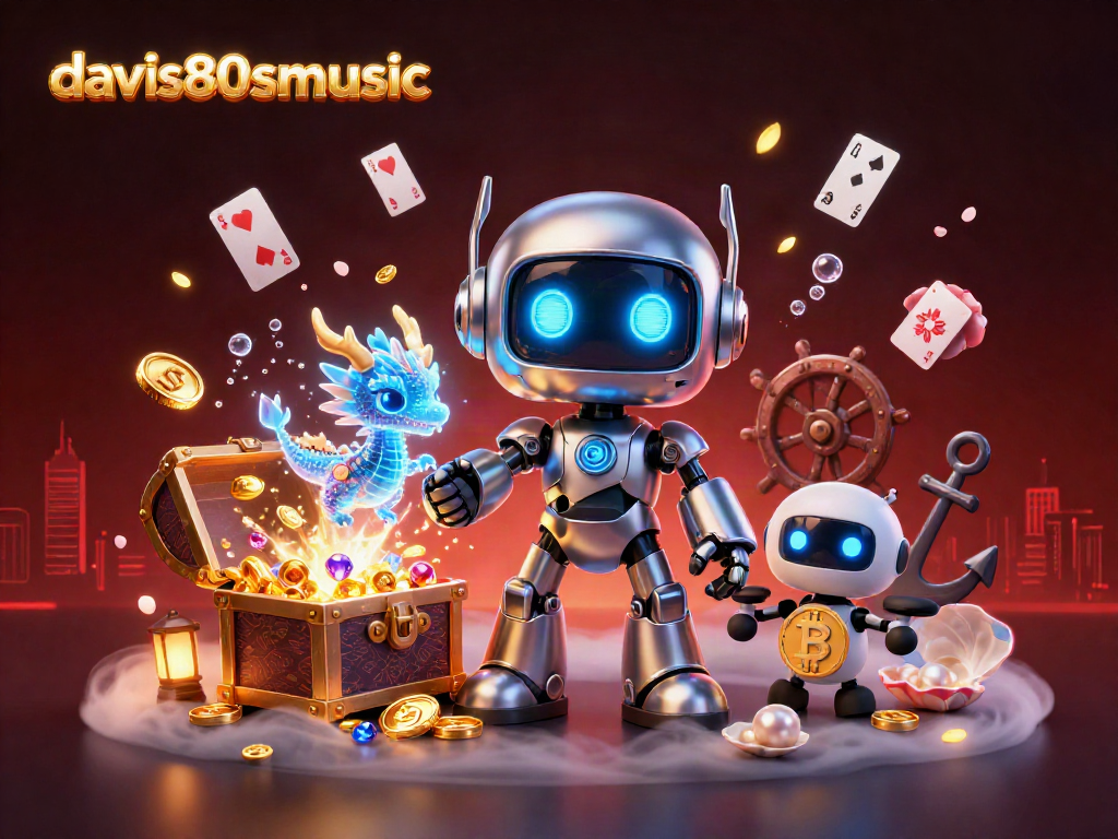 Davis80smusic showcases a vibrant 3D casino scene featuring a cartoon robot and AI dragon amidst floating cards, enriching player experience.