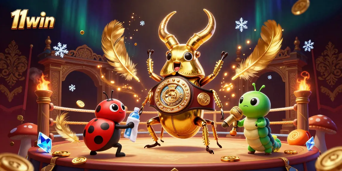 Bet big with 11win, the 3D scene showcasing a golden stag beetle boxing champion amidst casino elements.