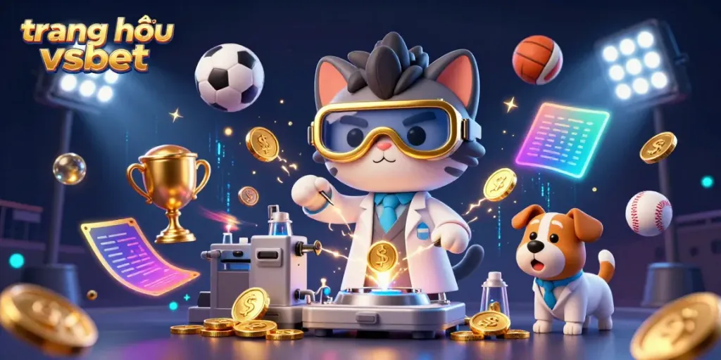 Engaging 3D scene of a mad scientist cat and assistant in a lively casino setting with sports elements, emphasizing trang chủ vsbet.