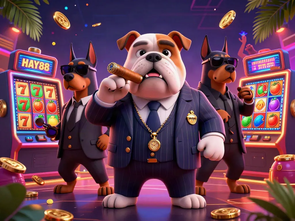 Join the excitement at HAY88 with a 3D cartoon mafia boss in a lively casino scene, featuring dynamic game elements.