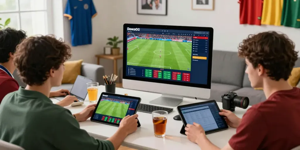 DewaGG betting excitement in a home office setting with friends analyzing football statistics during a live match.