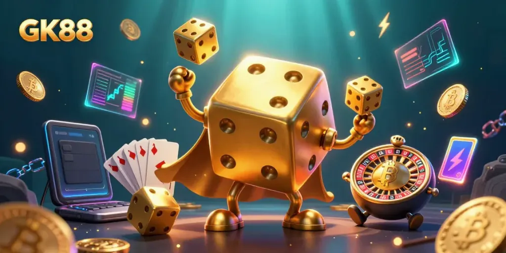 GK88 combines the thrill of casino gaming with glowing crypto elements in a vibrant 3D scene.