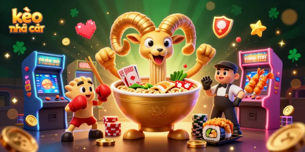 Engage with kèo nhà cái through a vibrant casino scene featuring a giant ramen bowl and energetic characters.