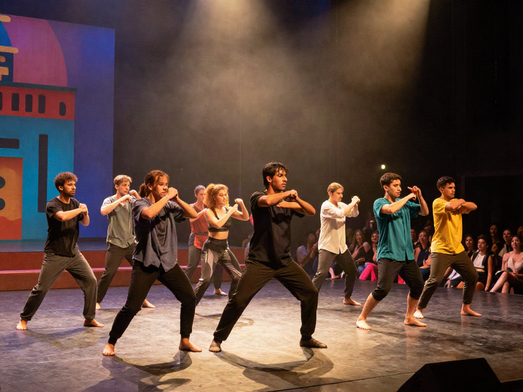 Dynamic dance performance by Kinetic Synergy Dance Company with vibrant stage lighting and diverse dancers.