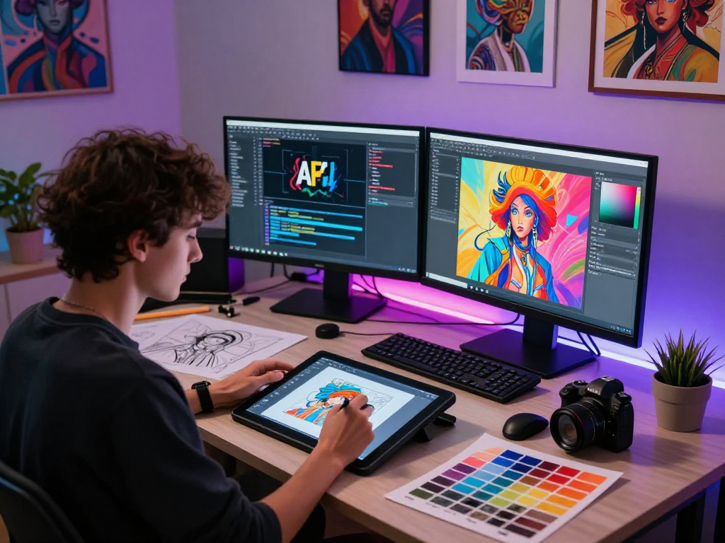 Creating innovative nsfw ai digital art in a vibrant studio with artist at touchscreen tablet