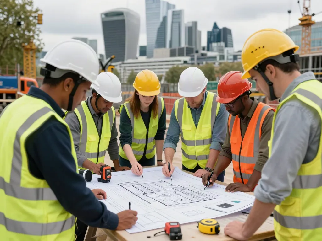 Building Surveyors London team collaborating on architectural plans at a construction site.