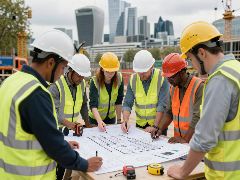 Building Surveyors London team collaborating on architectural plans at a construction site.