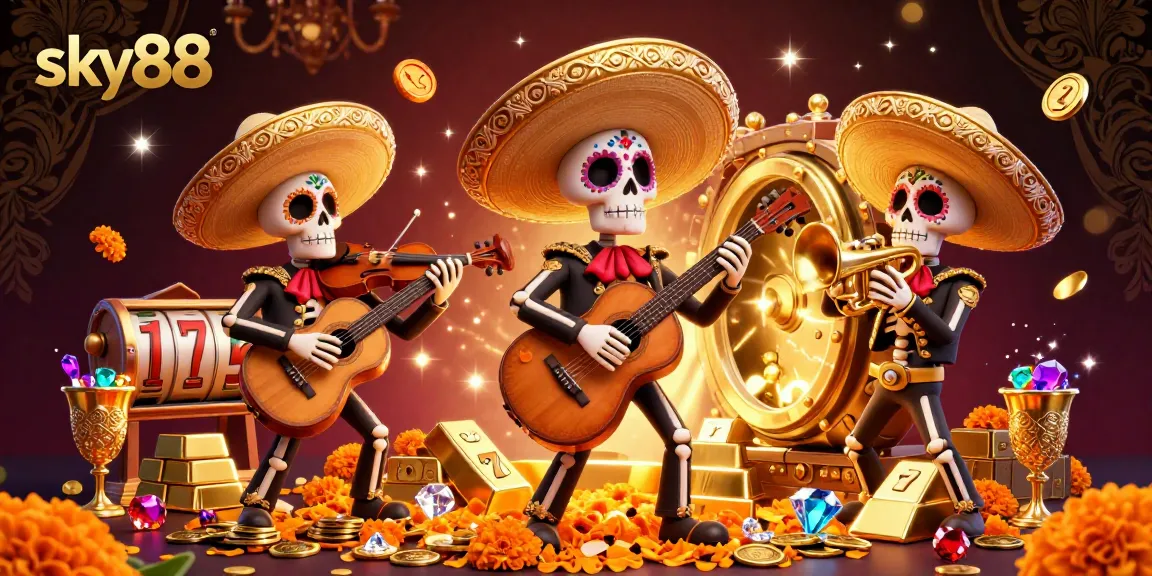 Engaging casino scene featuring sky88 with vibrant mariachis amid slot games, rich in color and excitement.