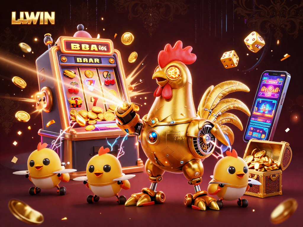 LLWIN slots come alive with a golden rooster robot amidst jackpot bursts and vibrant casino elements.