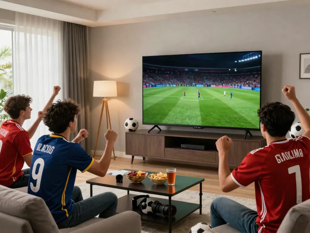 Socolive fans enjoying a live soccer match in a vibrant home setting.