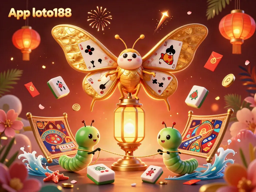Engage with App loto188, a vibrant casino scene with games and lucky symbols, depicted in a stunning illustration.