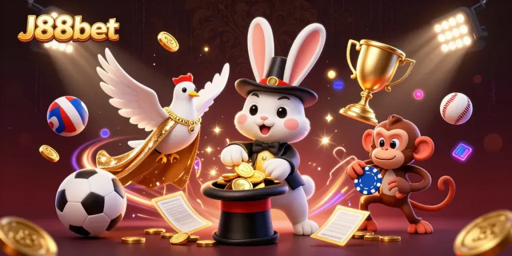 Experience the enchanting world of J88bet with a magical rabbit and dazzling casino elements.