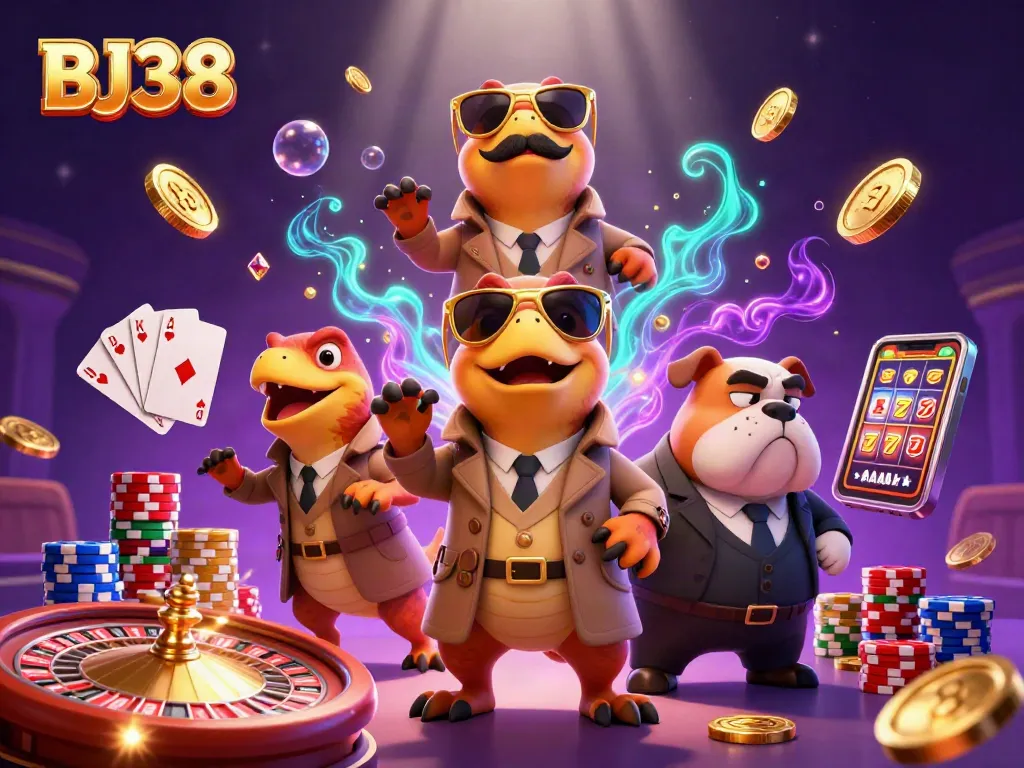 BJ38 raptors in trench coat enter VIP casino lounge, surrounded by golden coins, roulette, and poker chips.