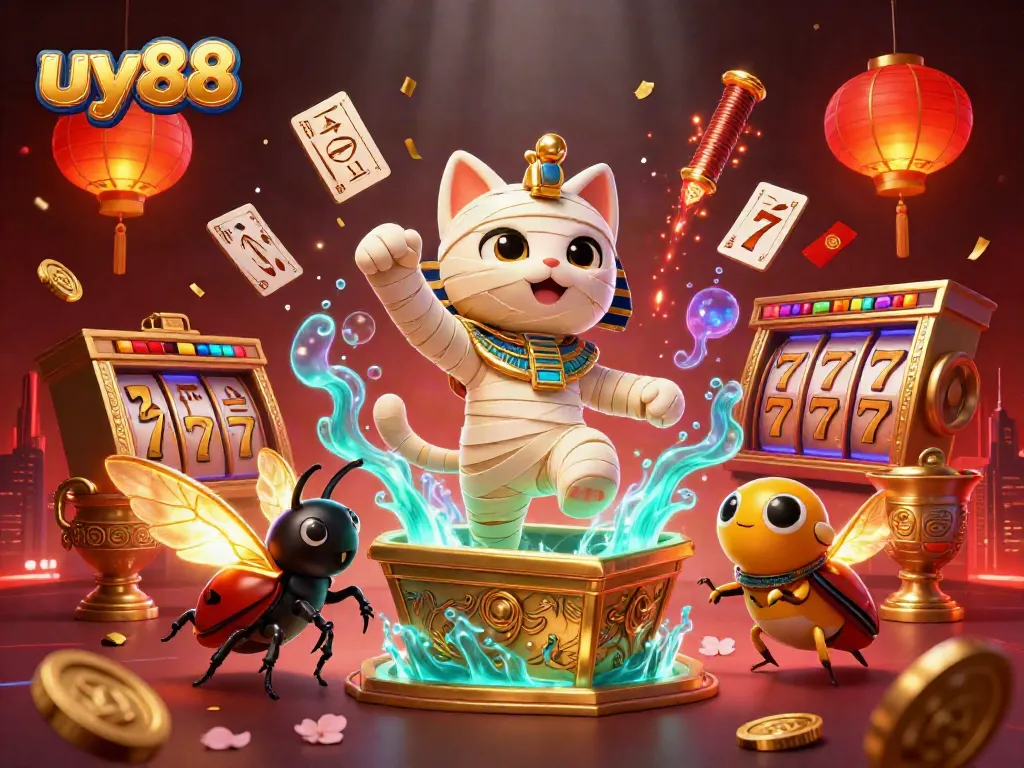 Engage with uy88's vibrant casino world, featuring a cartoon Egyptian mummy cat in a pyramid setting with dynamic gaming elements.