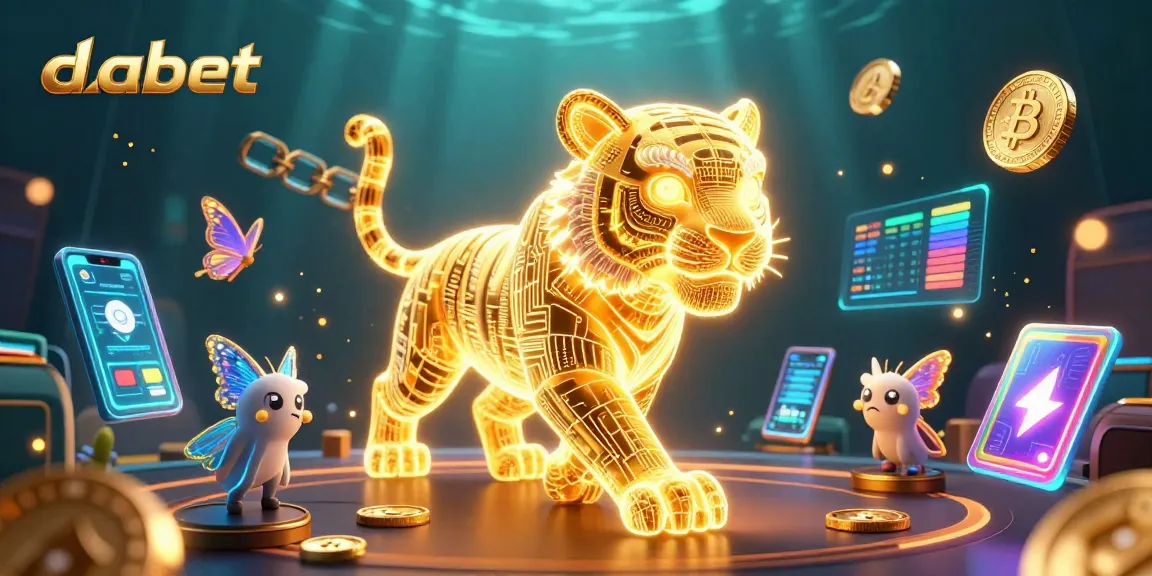 Dabet inspires excitement with a dazzling scene of a golden tiger and crypto elements in a vibrant casino landscape.