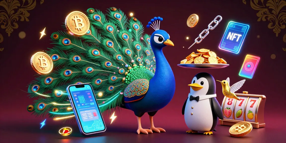 Engage with leadership articles amidst a vibrant casino scene filled with a peacock, penguin, and hummingbird.