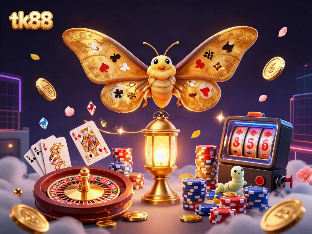 Engage in thrilling casino action at tk88 with this vibrant 3D illustration showcasing games, golden coins, and a majestic moth.