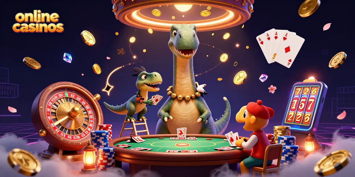 Engage with online casinos in this vibrant 3D scene, featuring a brontosaurus and raptor amidst casino elements.