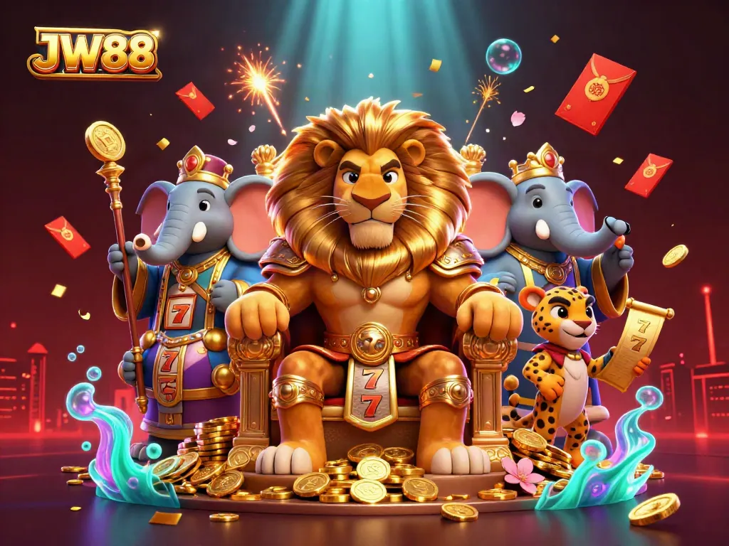 Experience the thrill of JW88's casino games with a vibrant 3D illustration of a lion king and dynamic elements.