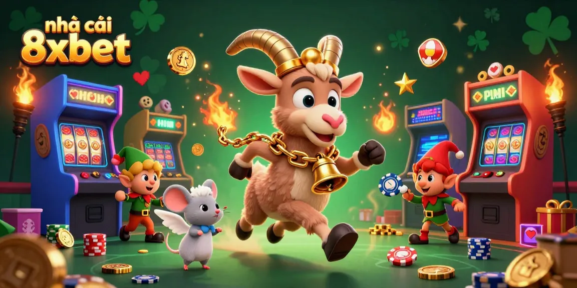 Play exciting games at nhà cái 8xbet, featuring a vibrant casino scene with lively characters and colorful elements.