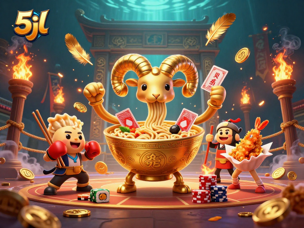 Engage in thrilling gameplay with 5jl as the giant ramen bowl and sushi roll dealer battle amidst a casino scene.
