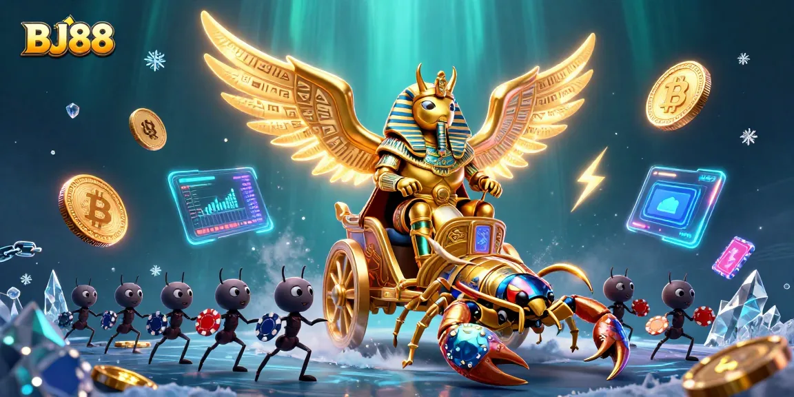Engage with BJ88's vibrant casino scene featuring golden beetles, scorpions, and neon coins.
