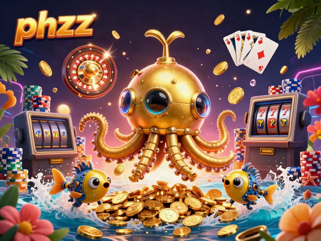 Phzzz showcases thrilling casino action, with a golden kraken submarine amidst rolling coins and game elements.