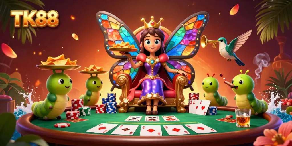 Experience the vibrant TK88 butterfly queen at her casino throne amidst chips and cards.