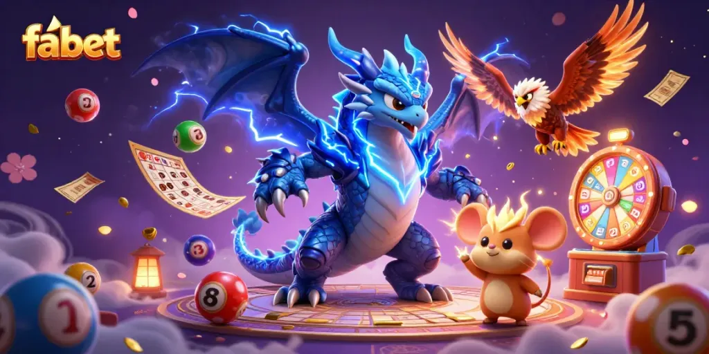 Experience exciting gaming with the fa bet dragon and hawk amidst colorful gaming elements.
