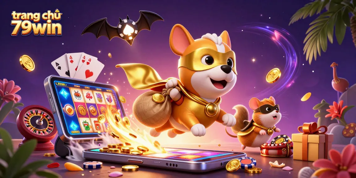 Play exciting games on trang chủ 79win with a superhero dog and hamster amid vibrant casino elements.