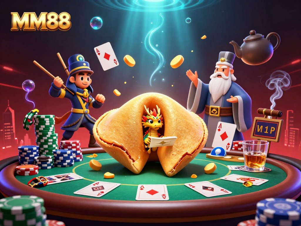 Join MM88 for thrilling poker action with a vibrant, illustrated casino scene.