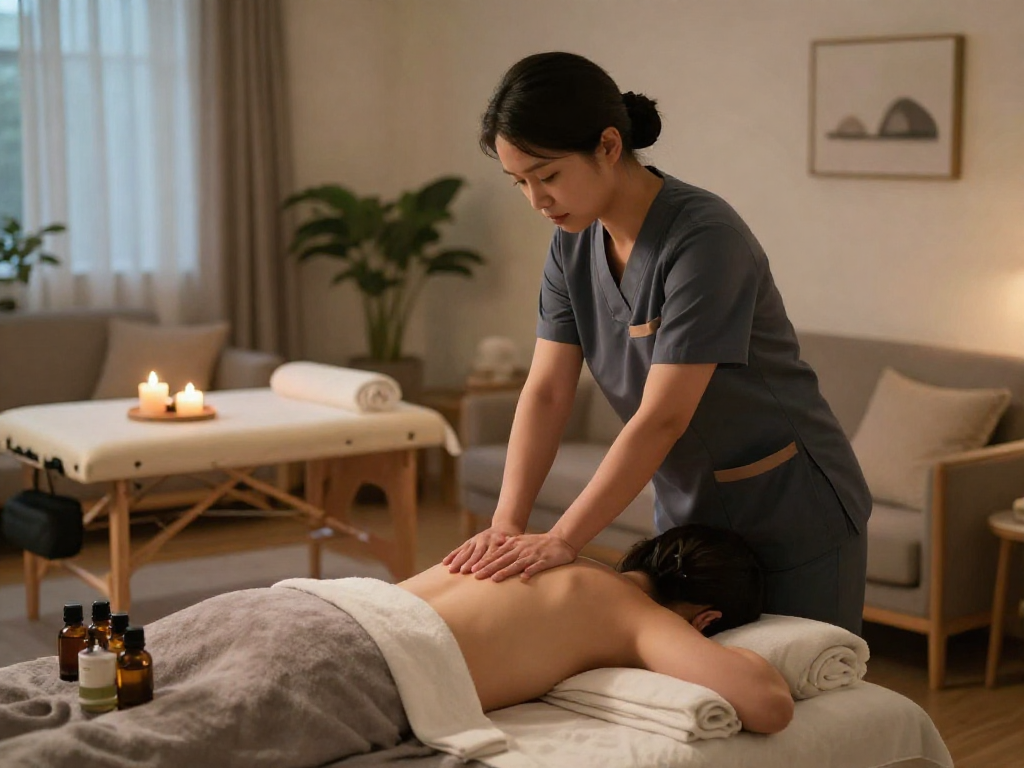 Premium 은평구출장마사지 session in cozy living room with professional therapist and calming atmosphere.