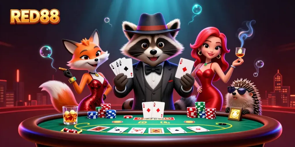 Experience a thrilling game at RED88 with a suave raccoon, elegant fox, and hedgehog bouncer surrounded by poker elements.