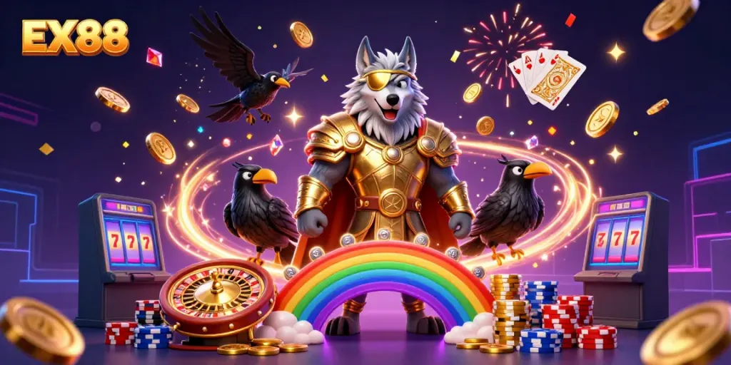 Experience the excitement of the EX88 casino world with a dynamic 3D scene featuring iconic characters and gaming elements.