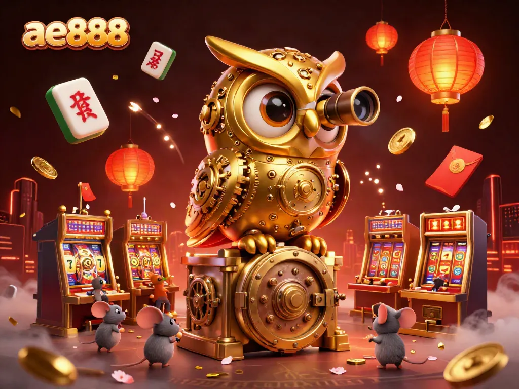 Experience the thrill of ae888 with a whimsical 3D illustration of a golden owl scanning the vibrant casino floor.