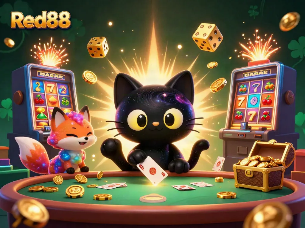 Engaging scene of Red88 with a cosmic cat and a nebula fox amidst casino elements, perfect for gaming excitement.