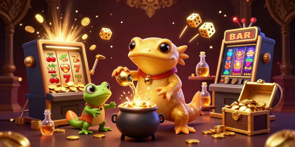 Experience MANCLUB's jackpot excitement with this vibrant 3D casino scene filled with golden treasures.
