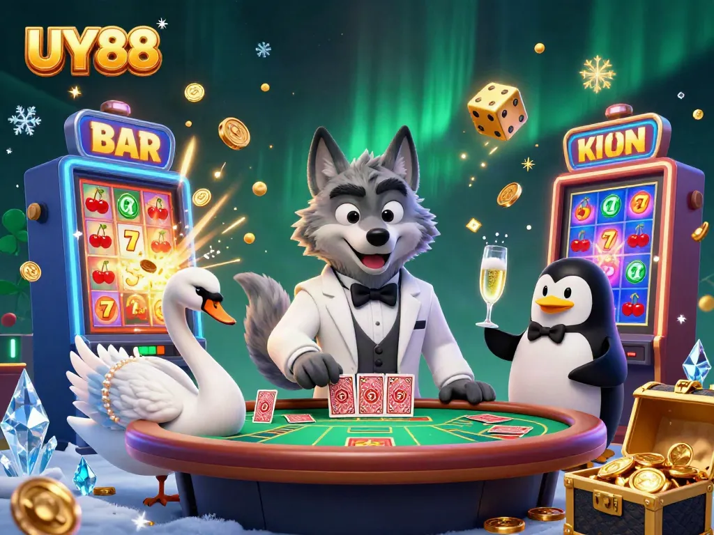 Experience the vibrant excitement of UY88 with our 3D casino illustration featuring engaging characters and dynamic game elements.