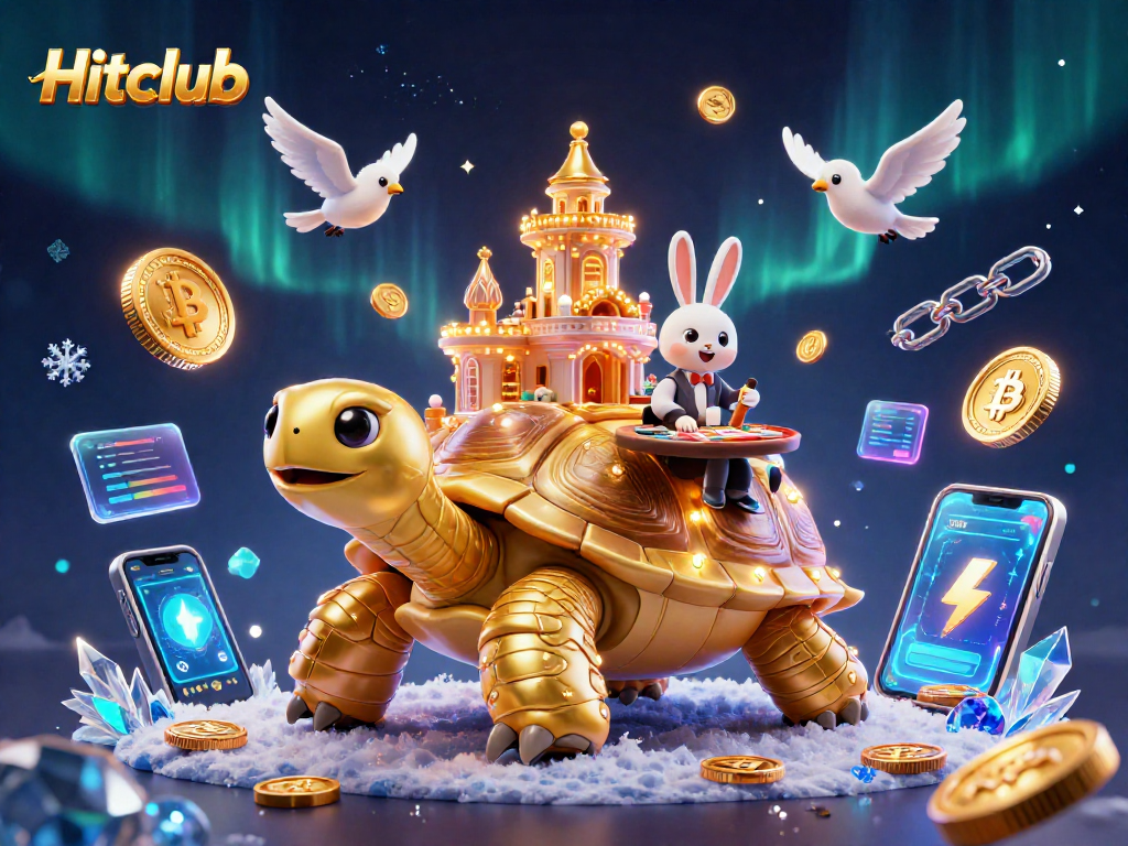 Engage with thrilling Hitclub games featuring a whimsical tortoise casino and animated cryptocurrency elements.