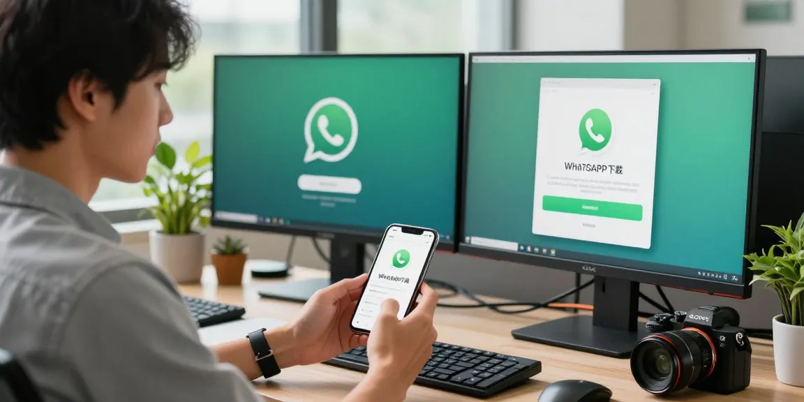 WhatsApp下載 demonstration on smartphone in a modern workspace.
