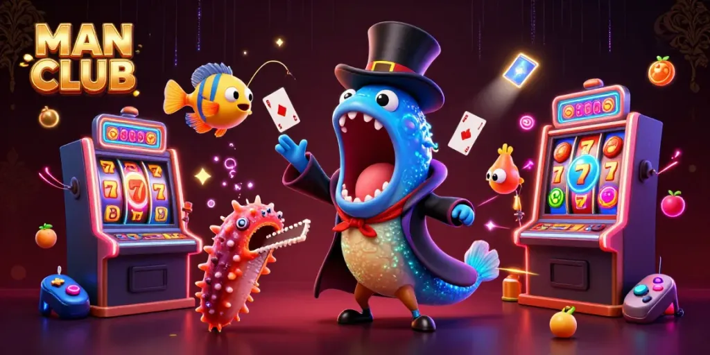 Engage in the thrill of MAN CLUB casino magic with dazzling deep-sea creatures performing card tricks.