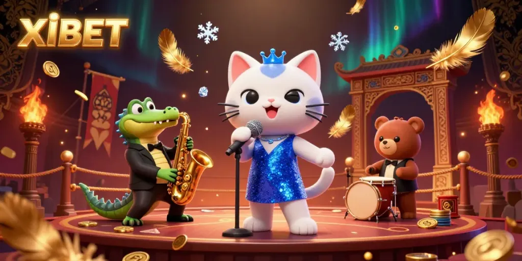 XIBET: Enjoy vibrant casino adventures with lively characters on stage, featuring colorful elements.