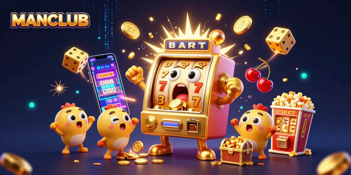Experience big wins at MANCLUB with a joyous golden slot machine hitting a jackpot and celebrating!