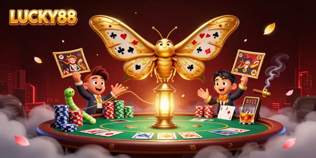 Experience the vibrant allure of LUCKY88 with a 3D illustration showcasing a majestic moth and casino elements.