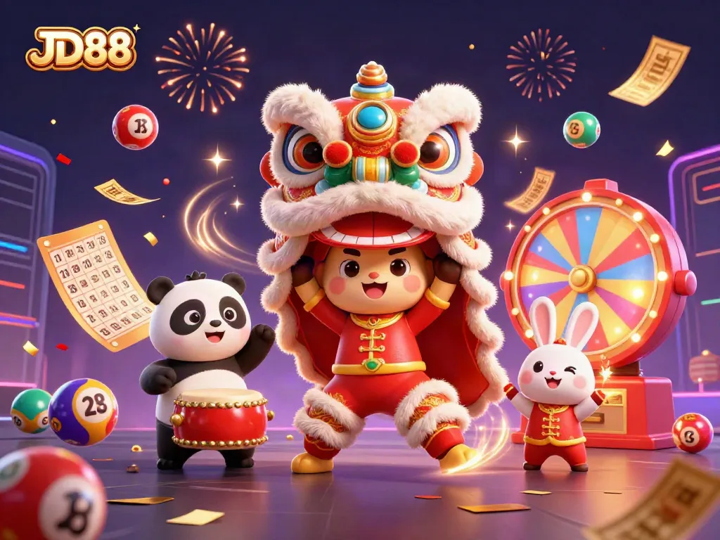 Engage with JD88's vibrant lottery scene featuring exciting game elements and festive characters.