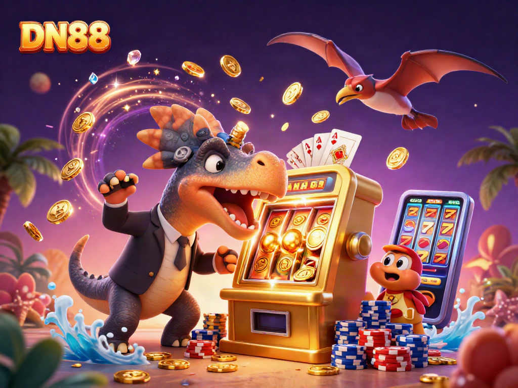 DN88 casino scene with dinosaurs celebrating a jackpot win amid flying coins and vibrant gaming elements