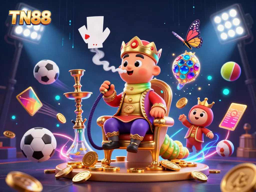Experience the thrill of TN88 casino vibes with a cartoon hookah-master amidst dazzling gaming elements.