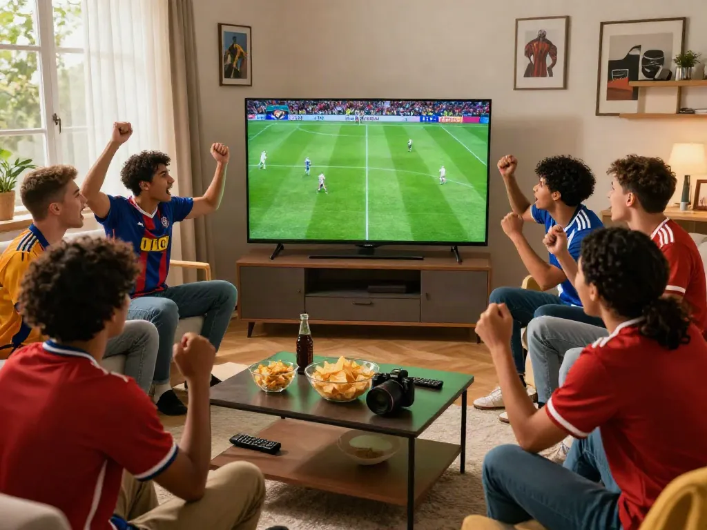 Friends watching a live soccer match on Thapcamtv, celebrating together.