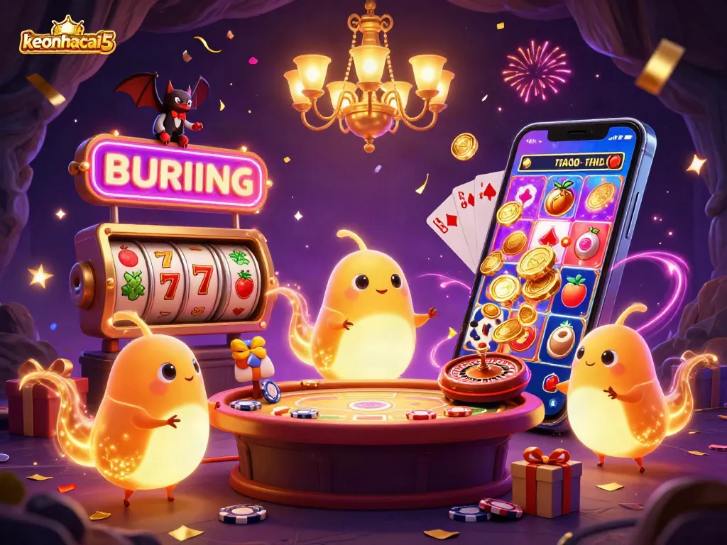 Experience keonhacai5's vibrant cave casino scene with glowworms illuminating the action and energy of exciting slot games.