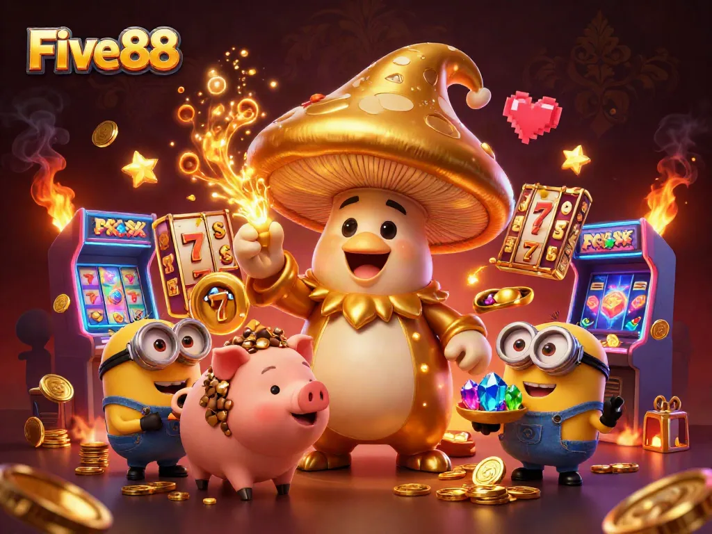 Experience the magic of winning with Five88 in this vibrant casino-themed illustration featuring golden characters and slot machines.